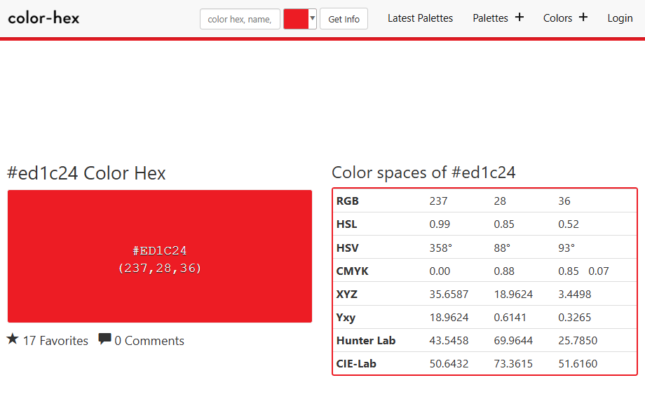 کدهای رنگی برای رنگ #ED1C24.